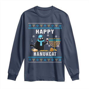 Funny Hanukkah Cat Long Sleeve Shirt Happy Hanukcat Drinking Black Cat Jewish Menorah Chanukah TS02 Navy Print Your Wear