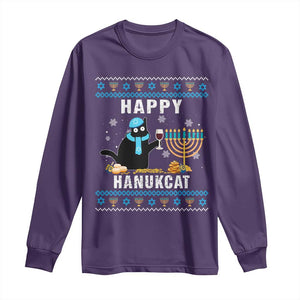 Funny Hanukkah Cat Long Sleeve Shirt Happy Hanukcat Drinking Black Cat Jewish Menorah Chanukah TS02 Purple Print Your Wear