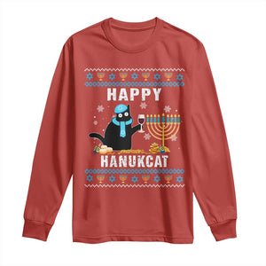 Funny Hanukkah Cat Long Sleeve Shirt Happy Hanukcat Drinking Black Cat Jewish Menorah Chanukah TS02 Red Print Your Wear