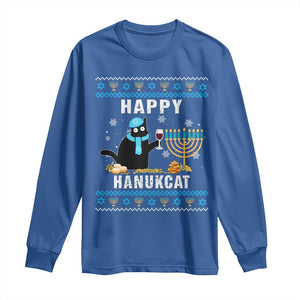 Funny Hanukkah Cat Long Sleeve Shirt Happy Hanukcat Drinking Black Cat Jewish Menorah Chanukah TS02 Royal Blue Print Your Wear