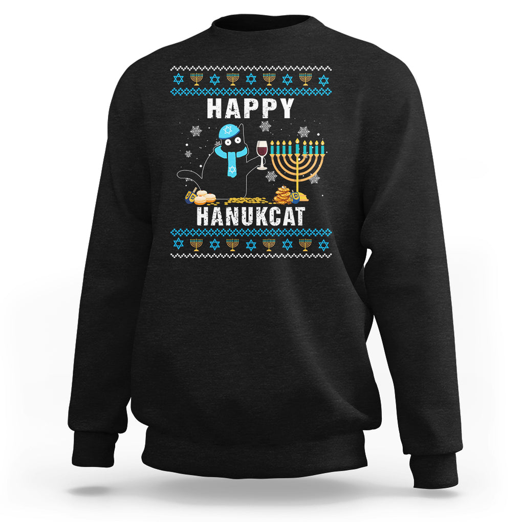 Hanukkah Cat Sweatshirt Happy Hanukcat Jewish Hanukkah Black Cat Menorah Chanukah TS02 Black Printyourwear