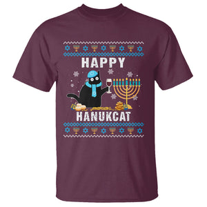 Hanukkah Cat T Shirt Happy Hanukcat Jewish Hanukkah Black Cat Menorah Chanukah TS02 Maroon Printyourwear