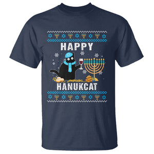 Hanukkah Cat T Shirt Happy Hanukcat Jewish Hanukkah Black Cat Menorah Chanukah TS02 Navy Printyourwear