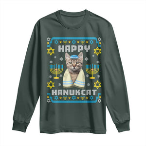 Funny Hanukkah Cat Long Sleeve Shirt Happy Hanukcat Menorah Ugly Chanukah Jewish Festival TS02 Dark Forest Green Print Your Wear