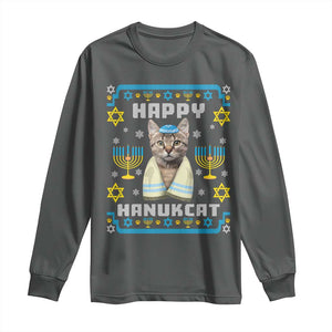 Funny Hanukkah Cat Long Sleeve Shirt Happy Hanukcat Menorah Ugly Chanukah Jewish Festival TS02 Dark Heather Print Your Wear