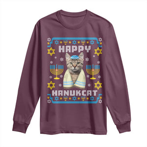 Funny Hanukkah Cat Long Sleeve Shirt Happy Hanukcat Menorah Ugly Chanukah Jewish Festival TS02 Maroon Print Your Wear