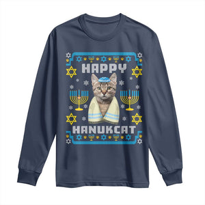 Funny Hanukkah Cat Long Sleeve Shirt Happy Hanukcat Menorah Ugly Chanukah Jewish Festival TS02 Navy Print Your Wear