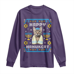 Funny Hanukkah Cat Long Sleeve Shirt Happy Hanukcat Menorah Ugly Chanukah Jewish Festival TS02 Purple Print Your Wear