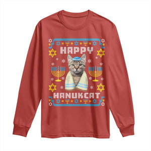 Funny Hanukkah Cat Long Sleeve Shirt Happy Hanukcat Menorah Ugly Chanukah Jewish Festival TS02 Red Print Your Wear