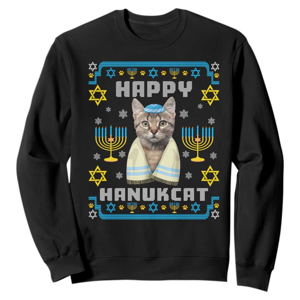 Hanukkah Cat Sweatshirt Happy Hanukcat Jewish Hanukkah Cat Menorah Ugly Chanukah TS02 Black Printyourwear