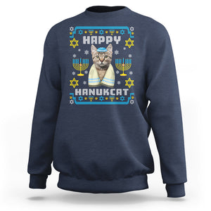 Hanukkah Cat Sweatshirt Happy Hanukcat Jewish Hanukkah Cat Menorah Ugly Chanukah TS02 Navy Printyourwear