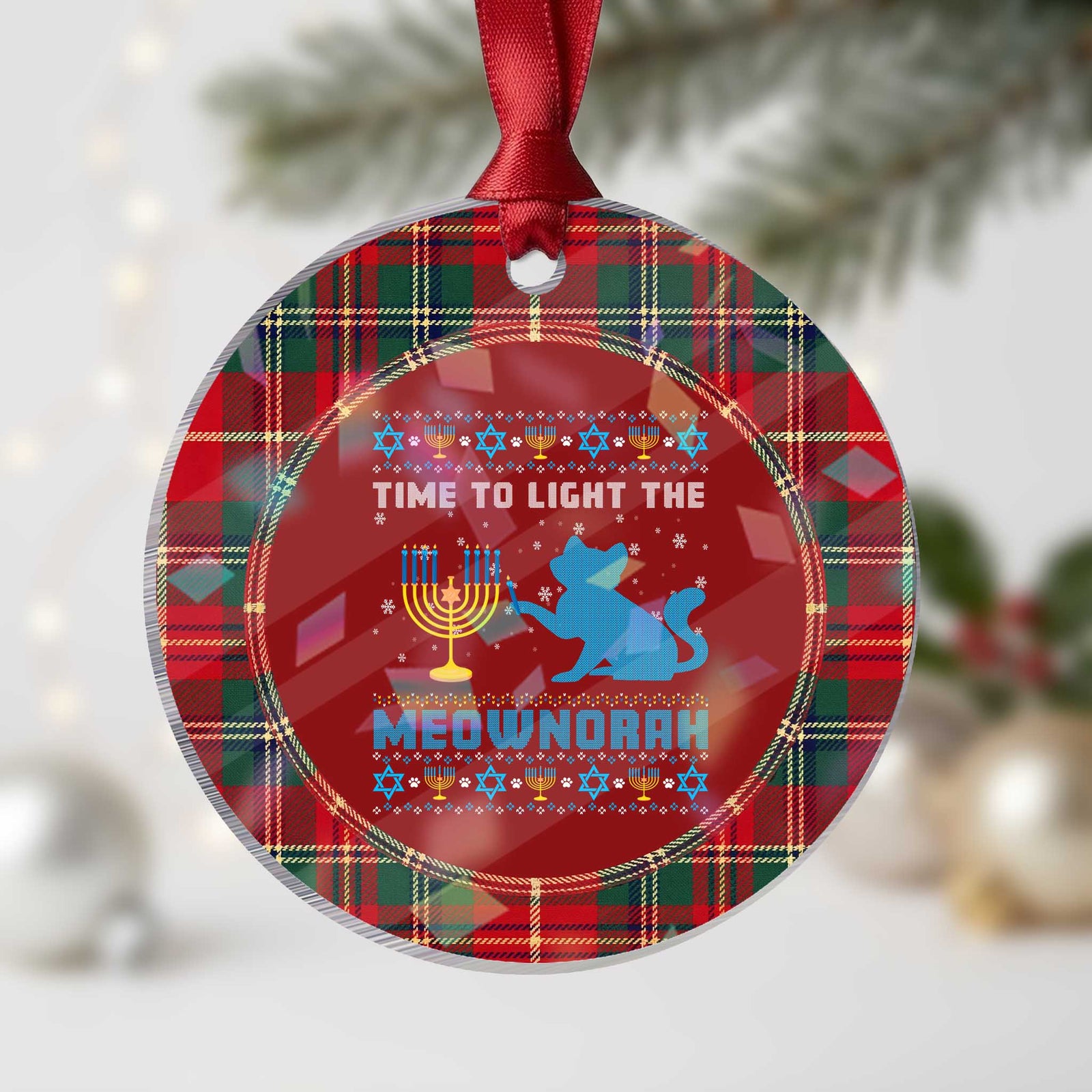 Light The Meownorah Funny Hanukkah Cat Pun Graphic Holographic Acrylic Ornament Cute Kitten Jewish Menorah Chanukah Festival Art