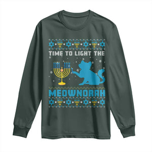 Funny Hanukkah Cat Long Sleeve Shirt Light The Meownorah Jewish Menorah Chanukah TS02 Dark Forest Green Print Your Wear