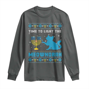 Funny Hanukkah Cat Long Sleeve Shirt Light The Meownorah Jewish Menorah Chanukah TS02 Dark Heather Print Your Wear