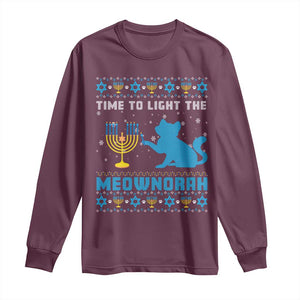 Funny Hanukkah Cat Long Sleeve Shirt Light The Meownorah Jewish Menorah Chanukah TS02 Maroon Print Your Wear