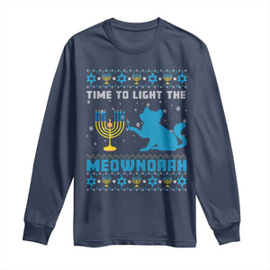 Funny Hanukkah Cat Long Sleeve Shirt Light The Meownorah Jewish Menorah Chanukah TS02 Navy Print Your Wear