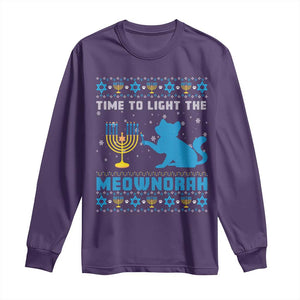 Funny Hanukkah Cat Long Sleeve Shirt Light The Meownorah Jewish Menorah Chanukah TS02 Purple Print Your Wear