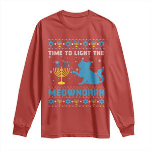 Funny Hanukkah Cat Long Sleeve Shirt Light The Meownorah Jewish Menorah Chanukah TS02 Red Print Your Wear