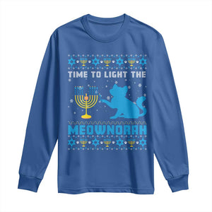 Funny Hanukkah Cat Long Sleeve Shirt Light The Meownorah Jewish Menorah Chanukah TS02 Royal Blue Print Your Wear