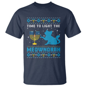 Hanukkah Cat T Shirt Light The Meownorah Jewish Hanukkah Cat Menorah Chanukah TS02 Navy Printyourwear