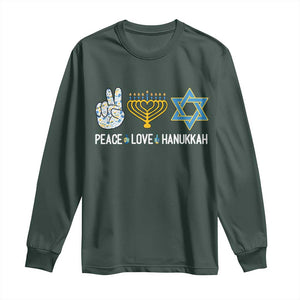 Peace Love Hanukkah Long Sleeve Shirt Retro Chanukah Jewish Menorah Star of David TS02 Dark Forest Green Print Your Wear