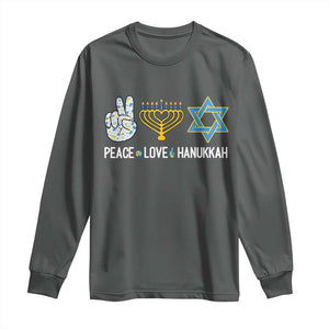 Peace Love Hanukkah Long Sleeve Shirt Retro Chanukah Jewish Menorah Star of David TS02 Dark Heather Print Your Wear