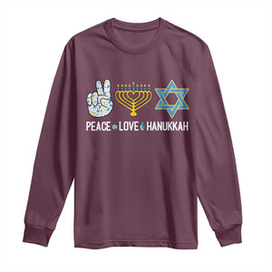 Peace Love Hanukkah Long Sleeve Shirt Retro Chanukah Jewish Menorah Star of David TS02 Maroon Print Your Wear