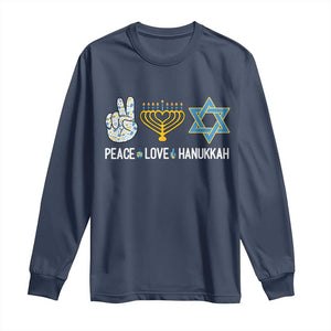 Peace Love Hanukkah Long Sleeve Shirt Retro Chanukah Jewish Menorah Star of David TS02 Navy Print Your Wear