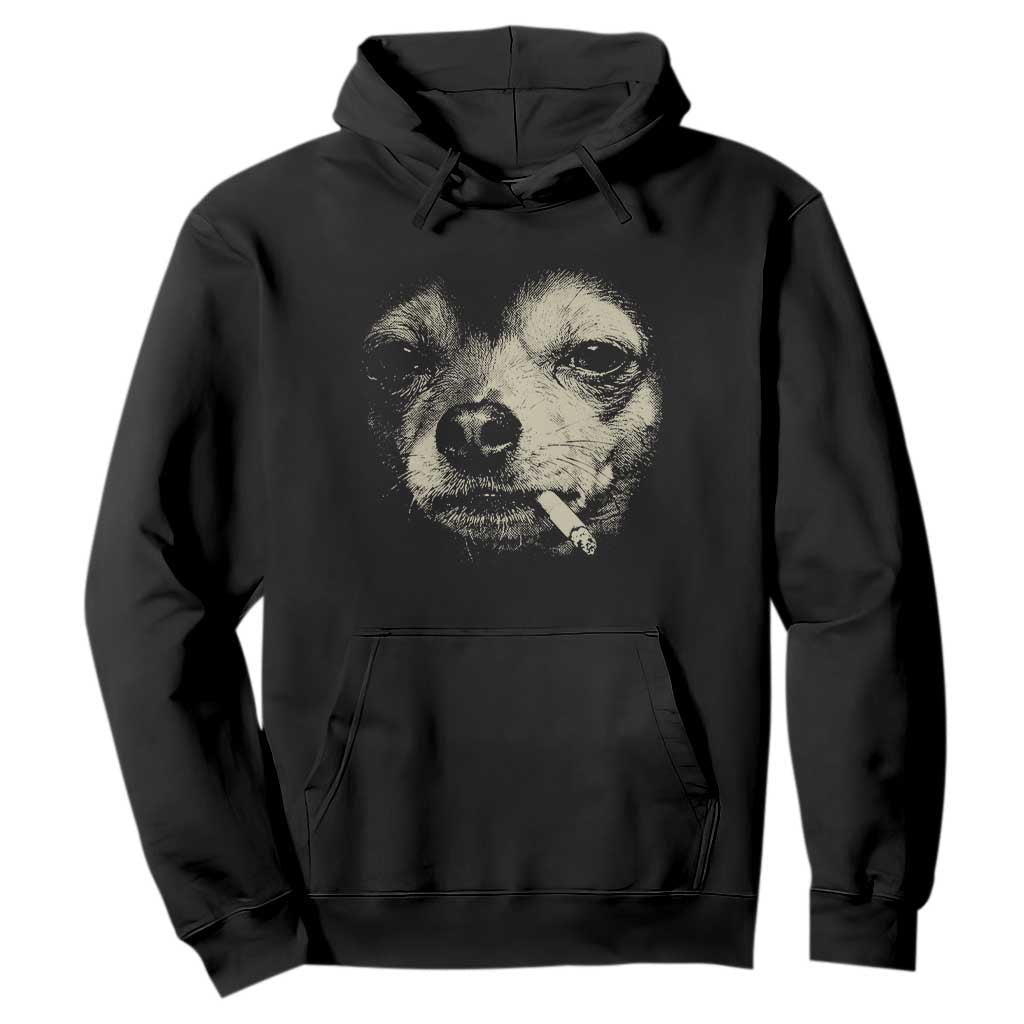 Funny Chihuahua Smoking Cigarette Meme Hoodie Gritty Ironic Dog Graphic for Dark Humor Lovers TS02 Black Print Your Wear