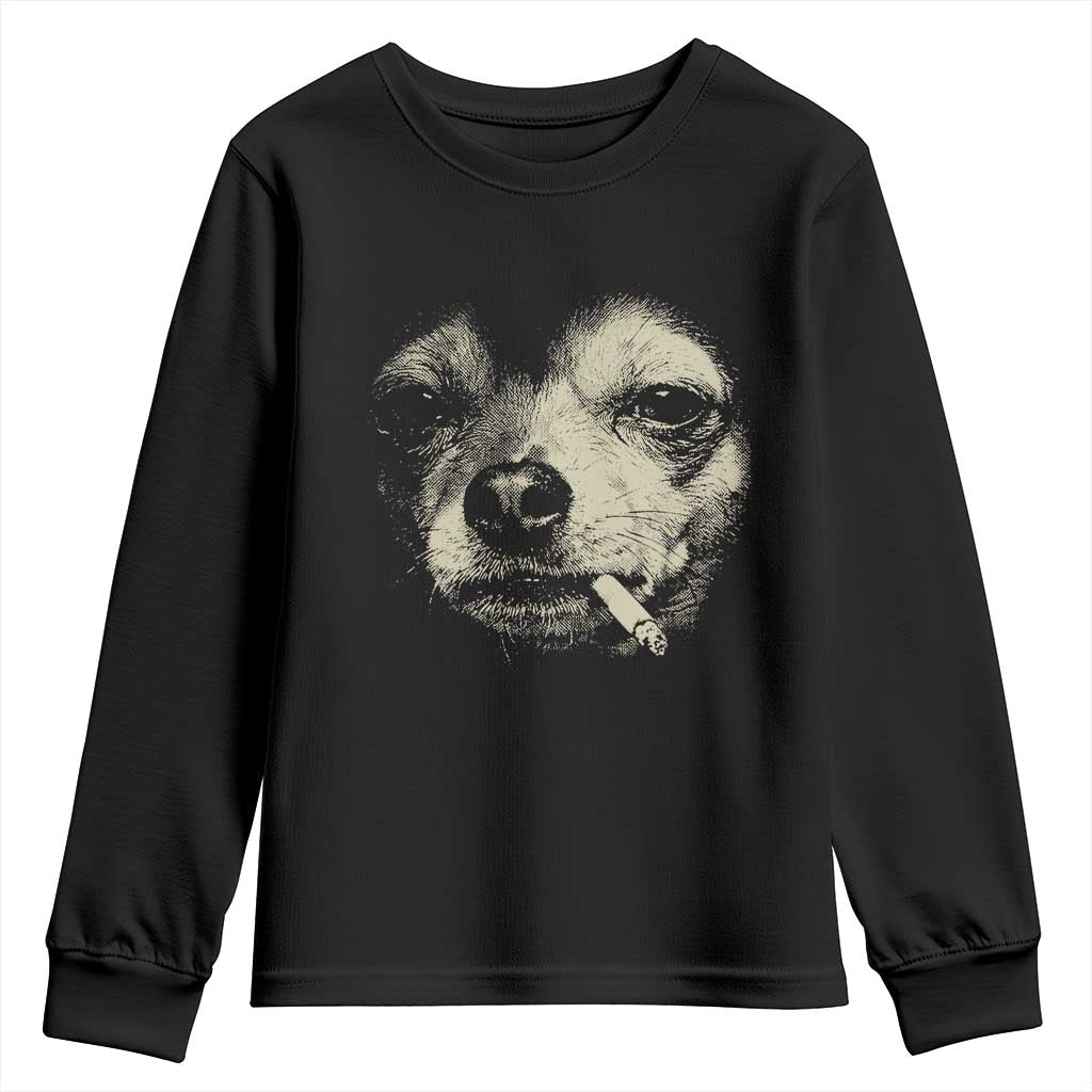 Funny Chihuahua Smoking Cigarette Meme Youth Sweatshirt Gritty Ironic Dog Graphic for Dark Humor Lovers TS02 Black Print Your Wear