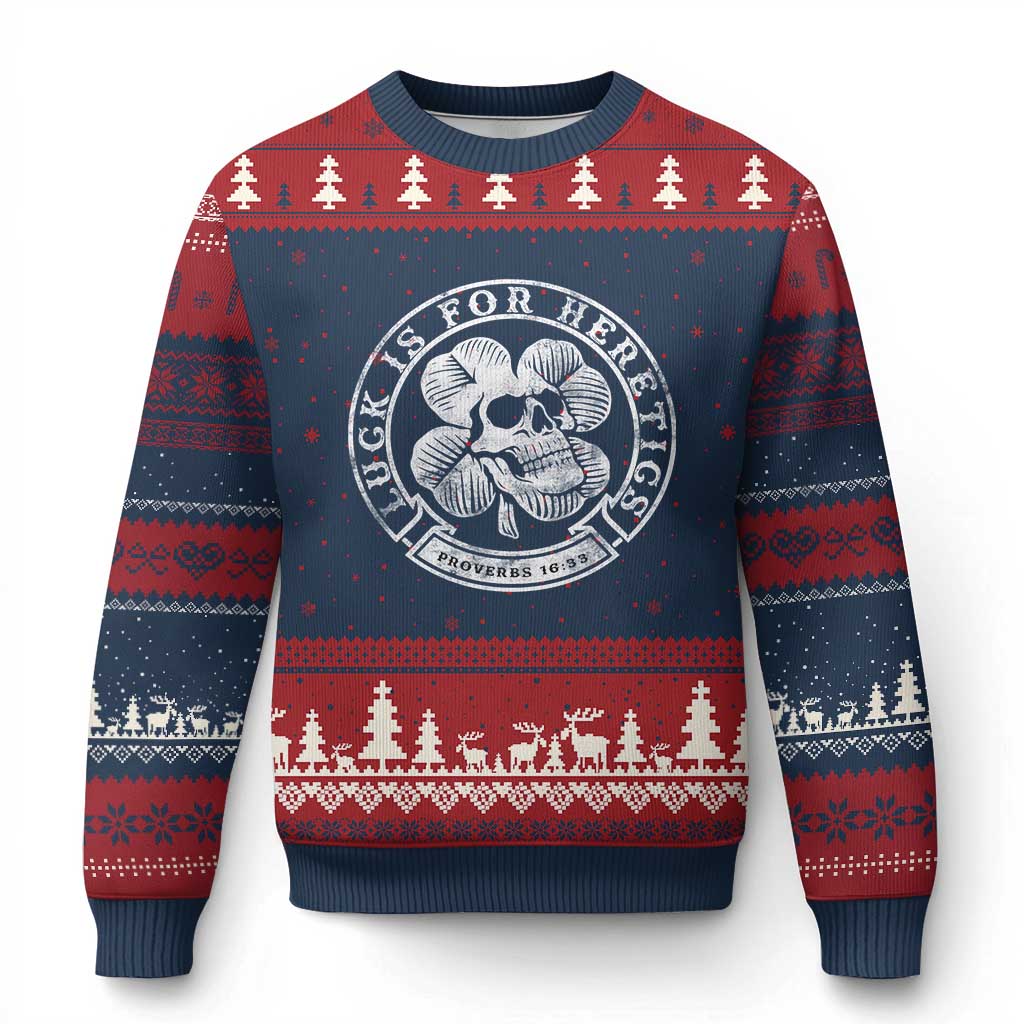 Lucky Is For Heretics Skull Shamrock Ugly Christmas Sweater Proverbs 16:33 Christian St Patricks Day Statement TS02 Navy Red Print Your Wear