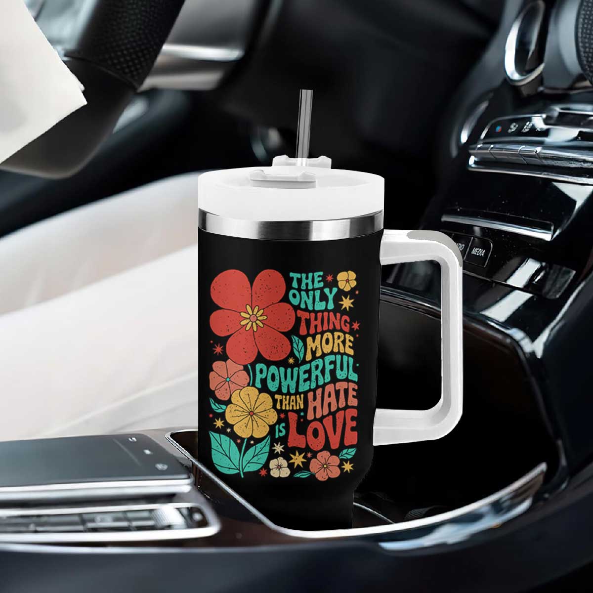 The Only Thing More Powerful Than Hate Is Love Tumbler With Handle Retro Floral Boho Bunny Inspirational Statement TS02 Print Your Wear