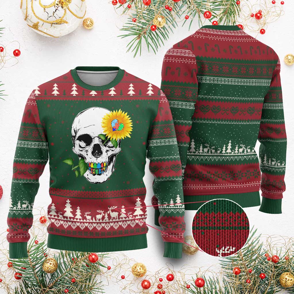 Autism Skull Sunflower Ugly Christmas Sweater Support Autistic Puzzle Pieces Heart TS02 Red Green Print Your Wear