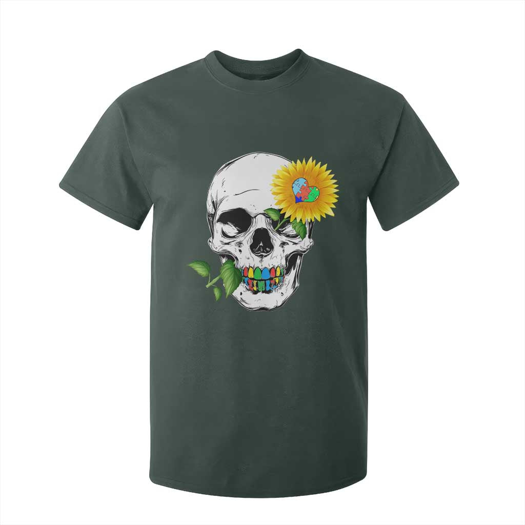 Autism Skull Sunflower T Shirt For Kid Support Autistic Puzzle Pieces Heart TS02 Dark Forest Green Print Your Wear