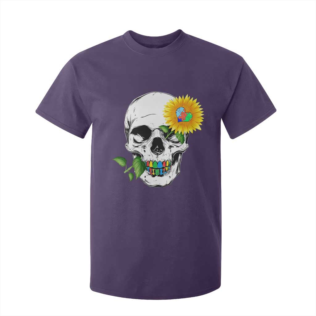 Autism Skull Sunflower T Shirt For Kid Support Autistic Puzzle Pieces Heart TS02 Purple Print Your Wear