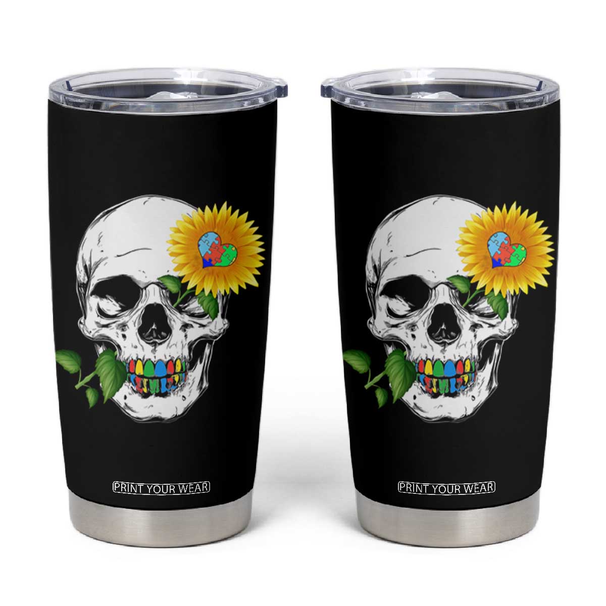 Autism Skull Sunflower Tumbler Cup Support Autistic Puzzle Pieces Heart TS02 Black Print Your Wear