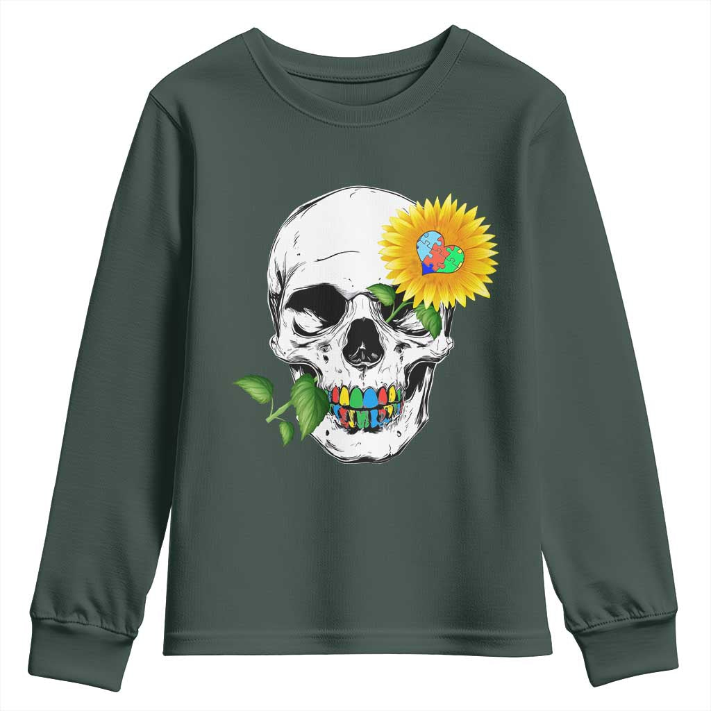 Autism Skull Sunflower Youth Sweatshirt Support Autistic Puzzle Pieces Heart TS02 Dark Forest Green Print Your Wear
