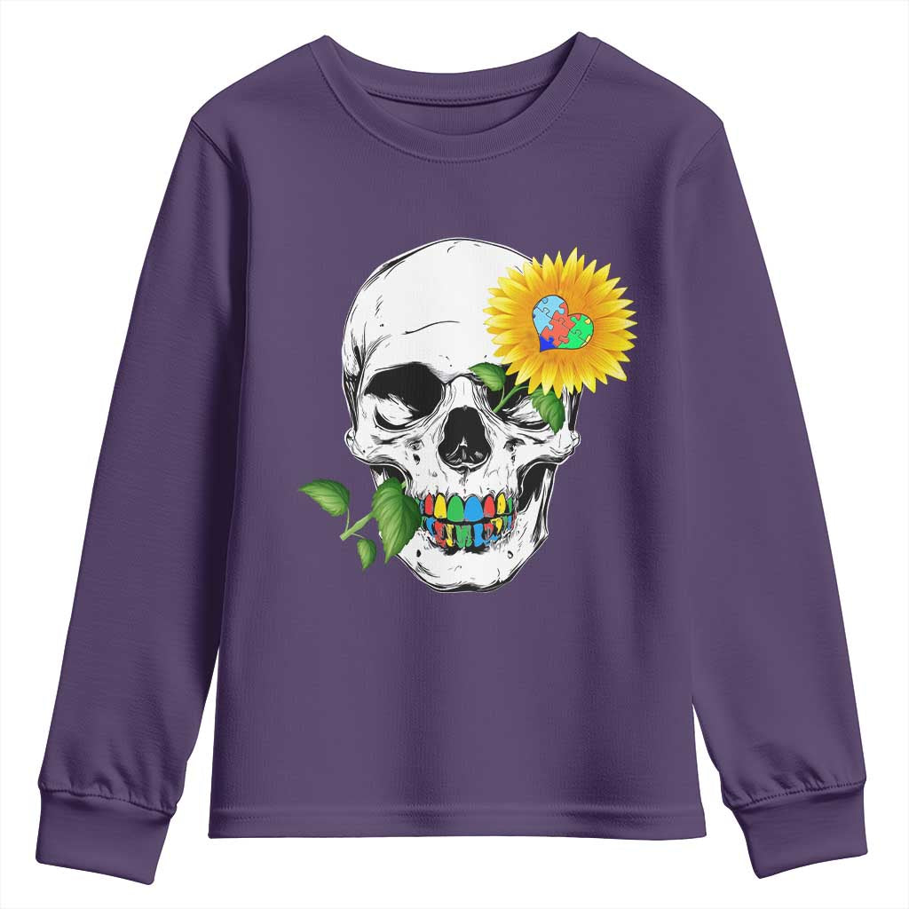 Autism Skull Sunflower Youth Sweatshirt Support Autistic Puzzle Pieces Heart TS02 Purple Print Your Wear