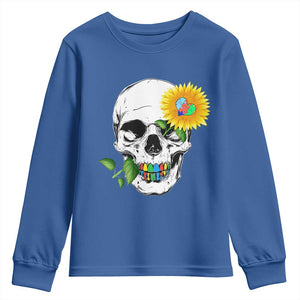 Autism Skull Sunflower Youth Sweatshirt Support Autistic Puzzle Pieces Heart TS02 Royal Blue Print Your Wear