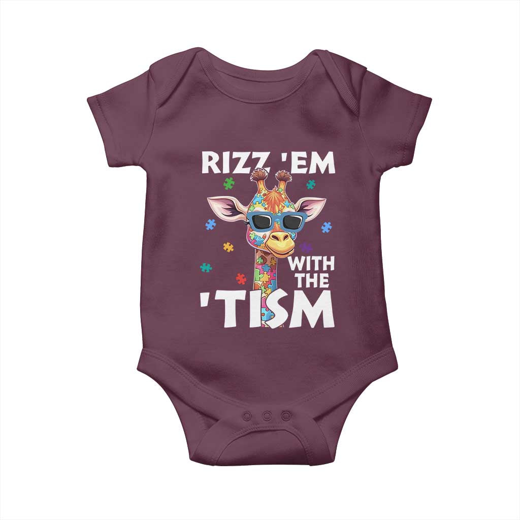 Funny Autism Giraffe Baby Onesie Rizz Em With The Tism TS02 Maroon Print Your Wear