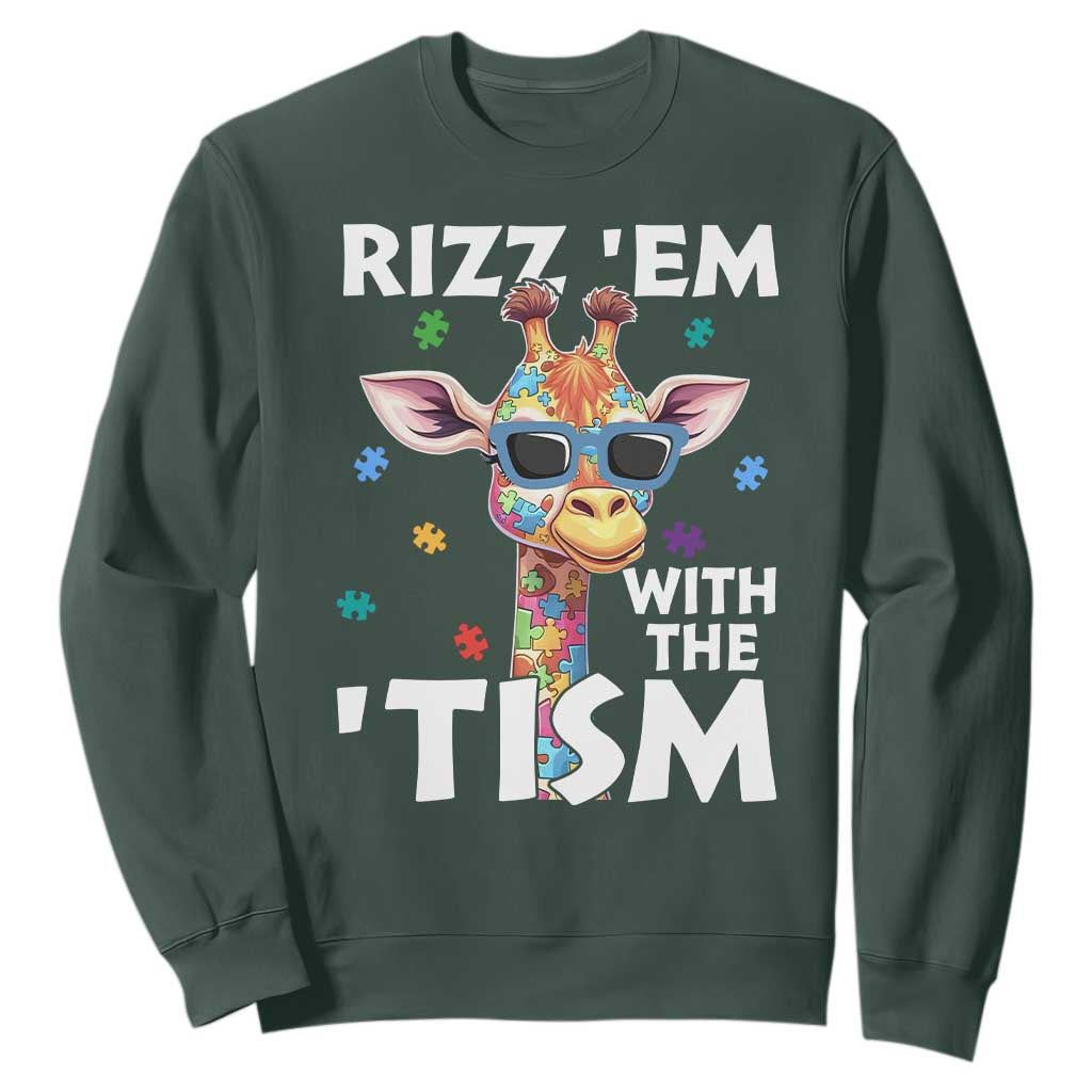 Funny Autism Giraffe Sweatshirt Rizz Em With The Tism TS02 Dark Forest Green Print Your Wear