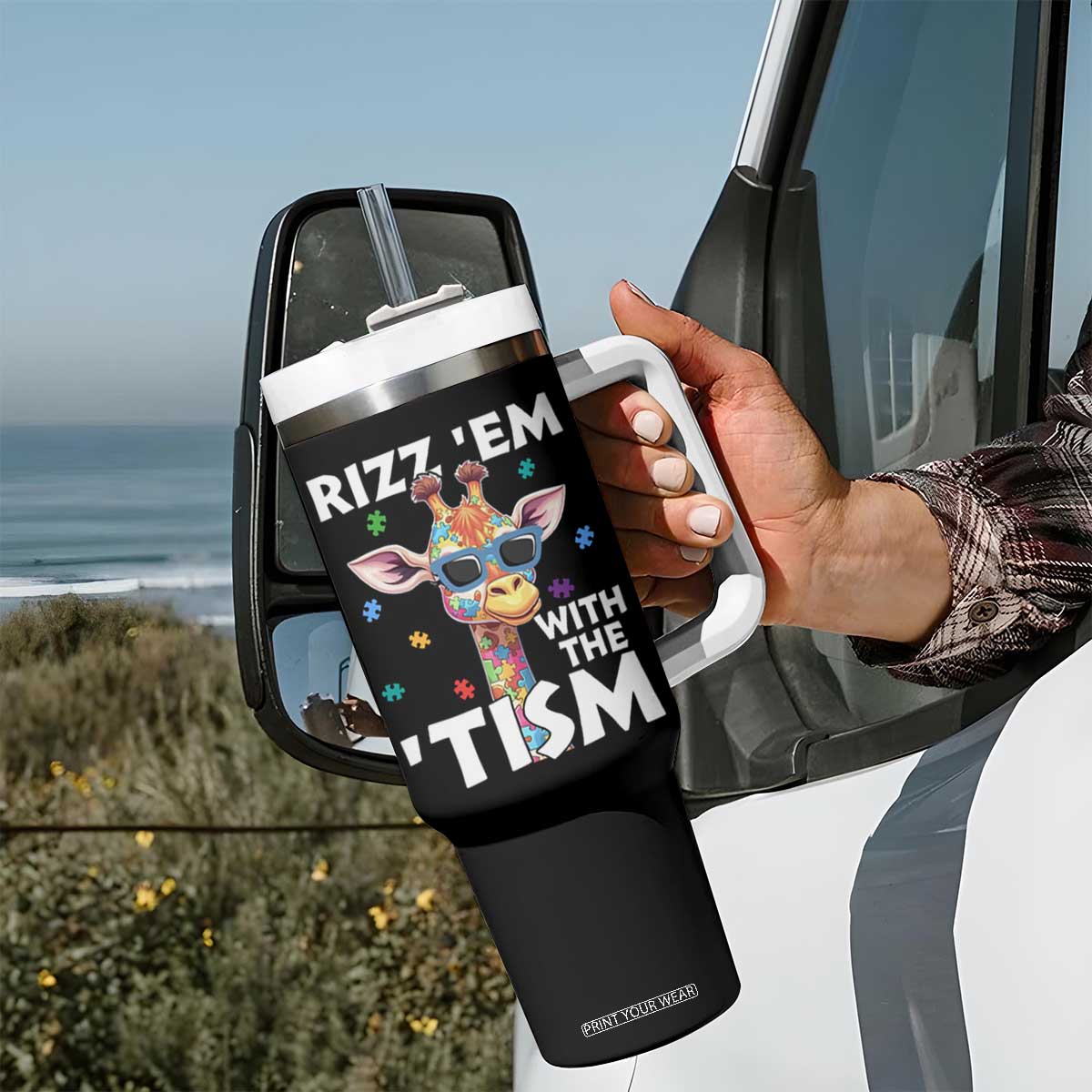 Funny Autism Giraffe Tumbler With Handle Rizz Em With The Tism TS02 Print Your Wear