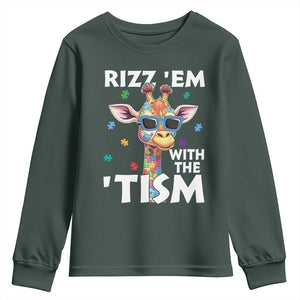 Funny Autism Giraffe Youth Sweatshirt Rizz Em With The Tism TS02 Dark Forest Green Print Your Wear