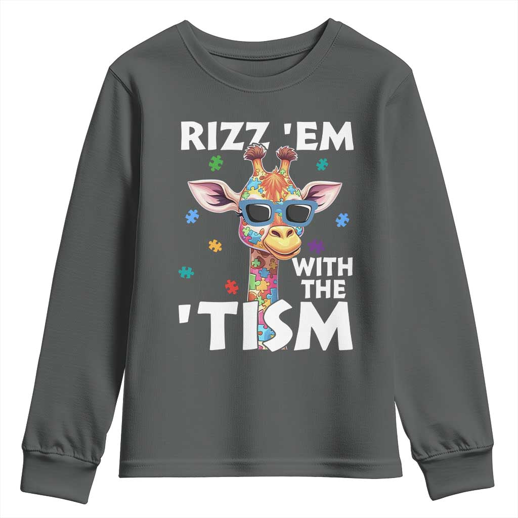 Funny Autism Giraffe Youth Sweatshirt Rizz Em With The Tism TS02 Dark Heather Print Your Wear