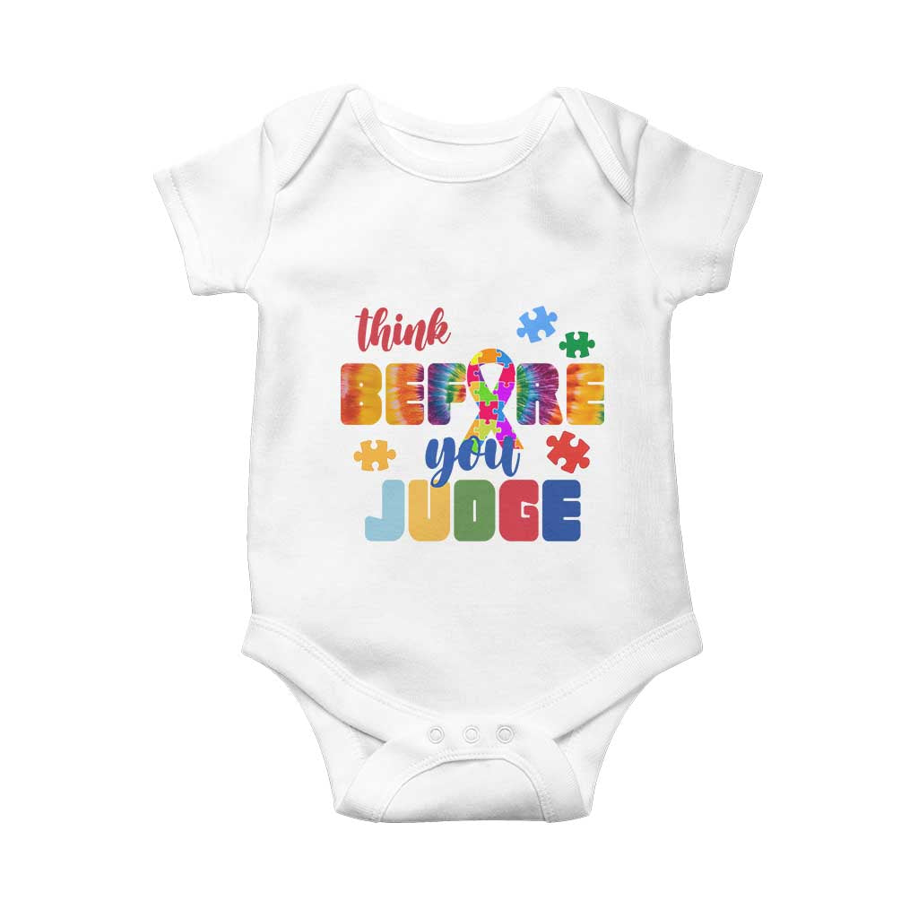 Autism Awareness Baby Onesie Think Before You Judge Autistic Support TS02 White Print Your Wear