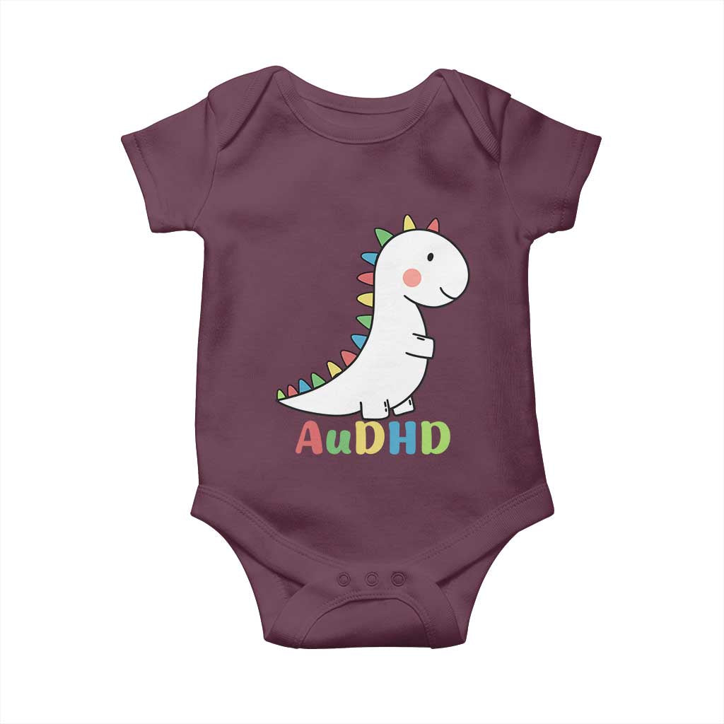 Cute Dinosaur AuDHD Baby Onesie ADHD Awareness TS02 Maroon Print Your Wear