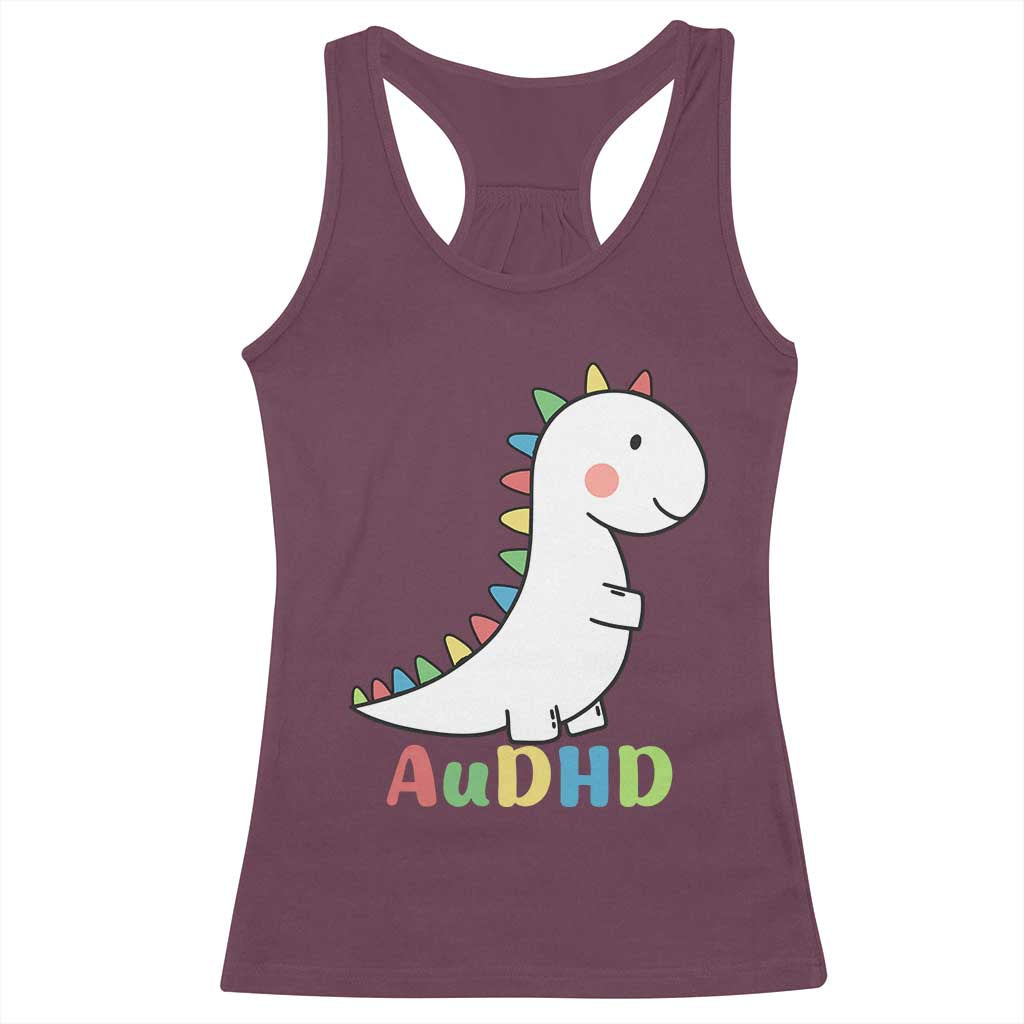 Cute Dinosaur AuDHD Racerback Tank Top ADHD Awareness TS02 Maroon Print Your Wear