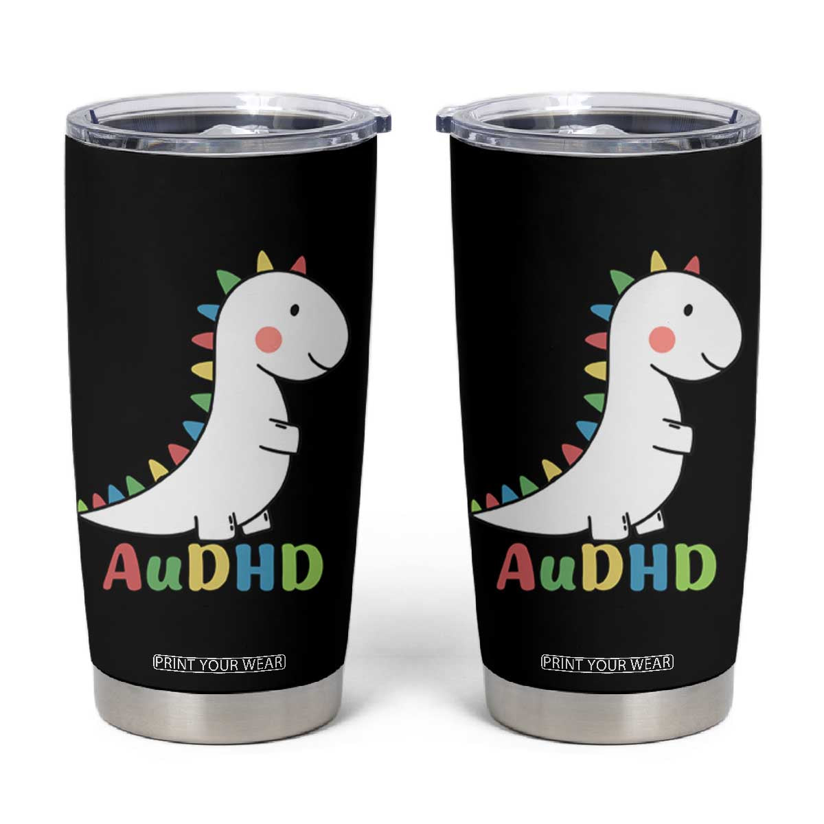 Cute Dinosaur AuDHD Tumbler Cup ADHD Awareness TS02 Black Print Your Wear