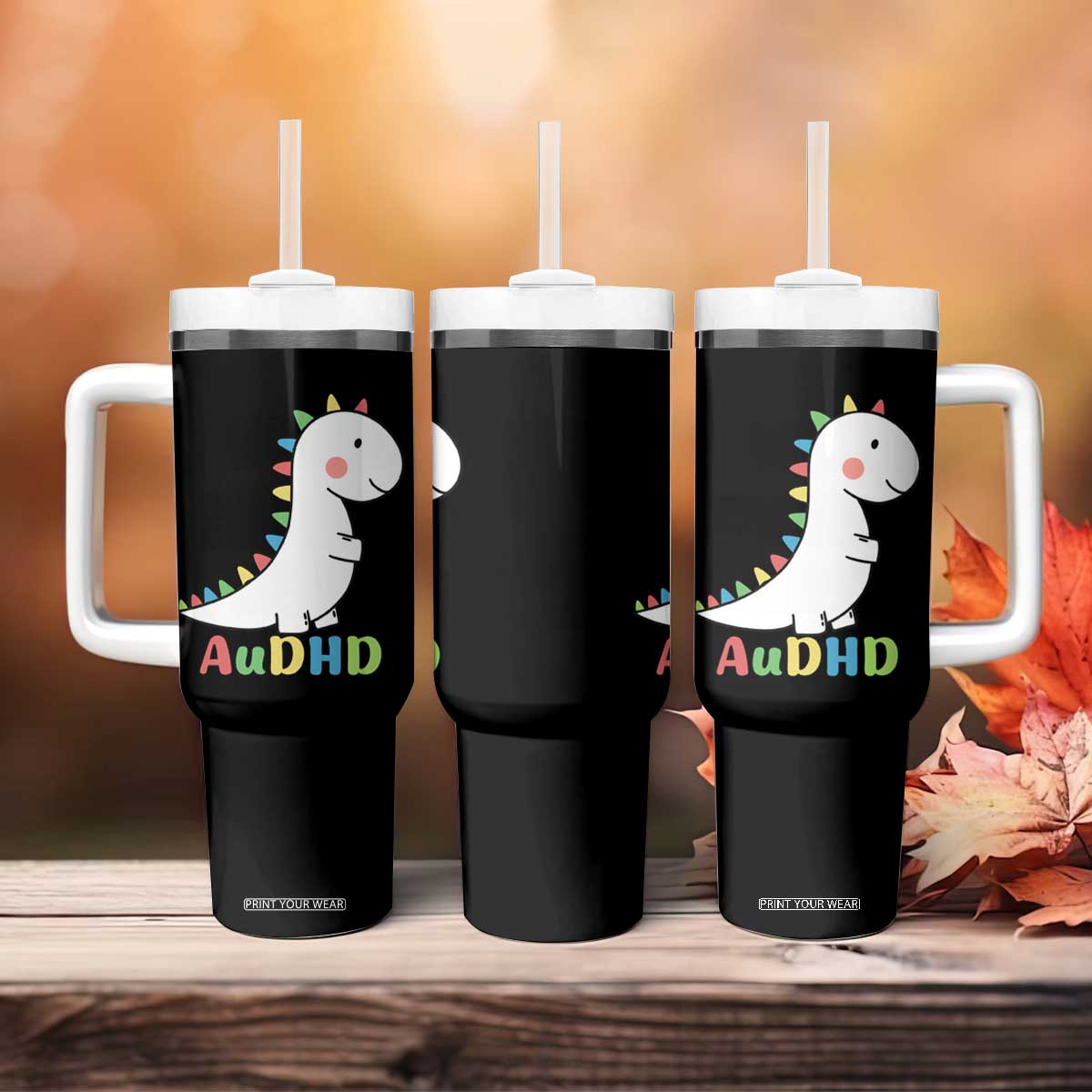 Cute Dinosaur AuDHD Tumbler With Handle ADHD Awareness TS02 Print Your Wear