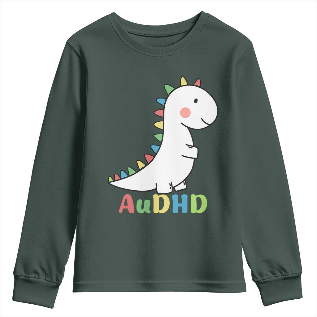 Cute Dinosaur AuDHD Youth Sweatshirt ADHD Awareness TS02 Dark Forest Green Print Your Wear